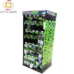 Promotional Pop Pos Retail Store Floor Cardboard Footwear Socks Display With Hooks Pegs